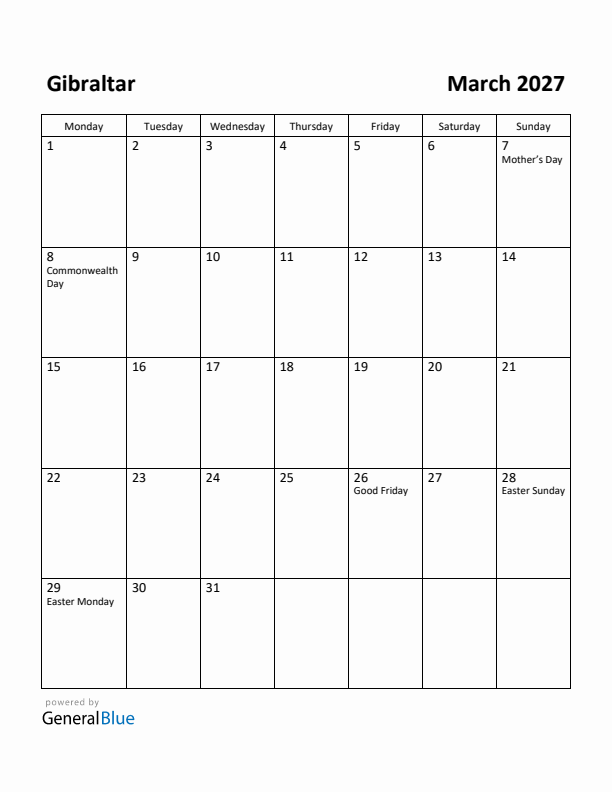 March 2027 Calendar with Gibraltar Holidays