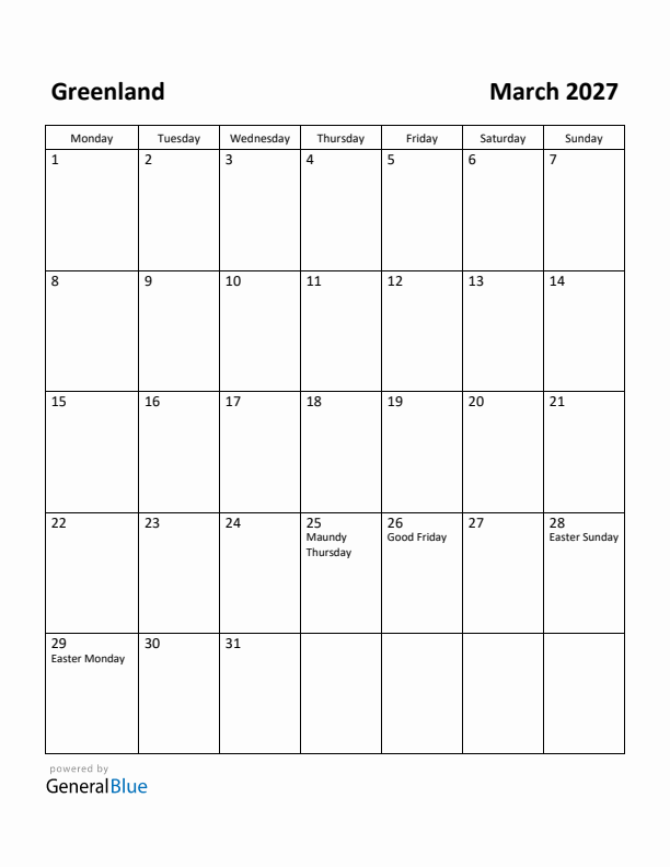 March 2027 Calendar with Greenland Holidays