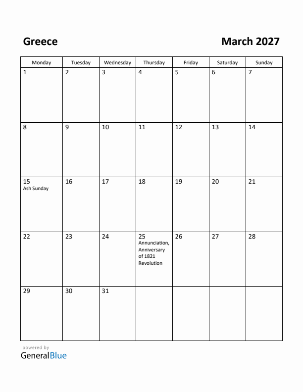 March 2027 Calendar with Greece Holidays