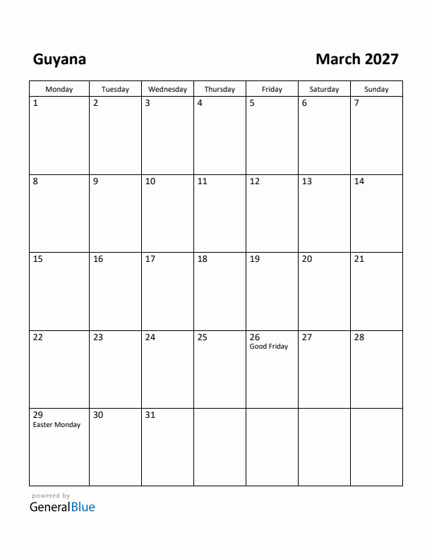 March 2027 Calendar with Guyana Holidays