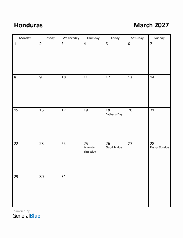 March 2027 Calendar with Honduras Holidays