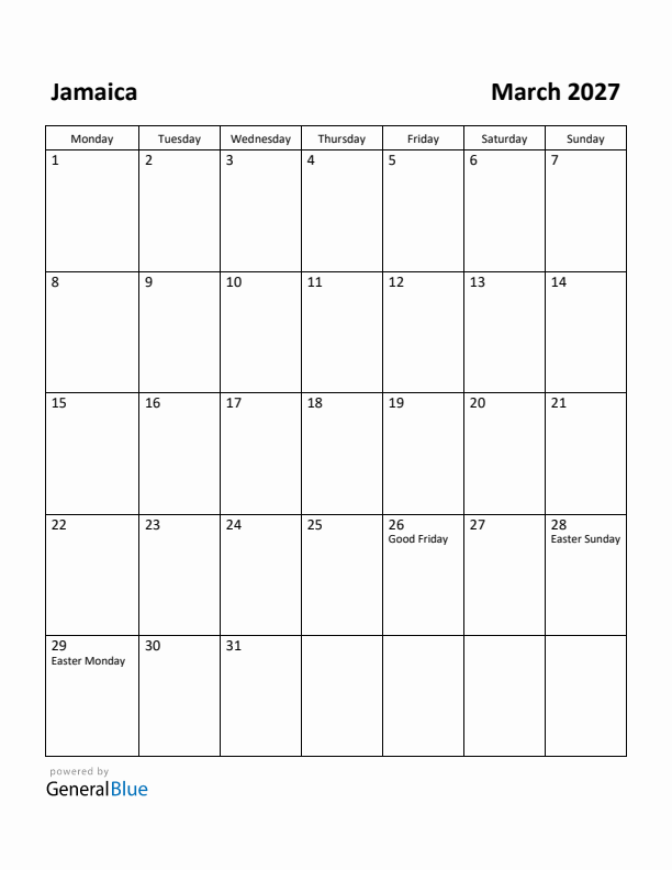 March 2027 Calendar with Jamaica Holidays