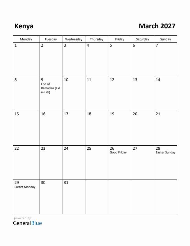 March 2027 Calendar with Kenya Holidays