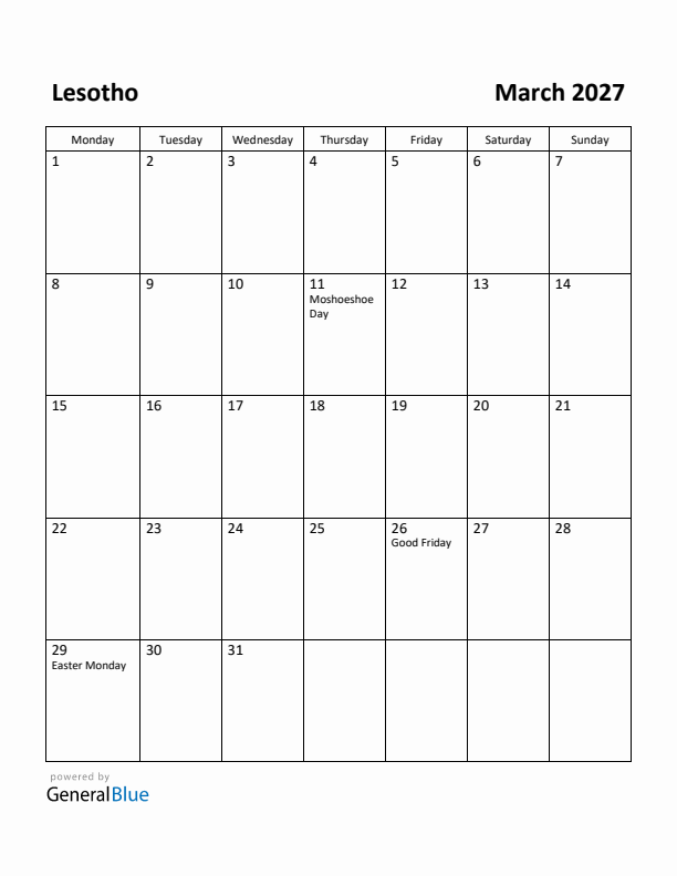 March 2027 Calendar with Lesotho Holidays