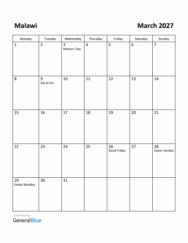 March 2027 Calendar with Malawi Holidays