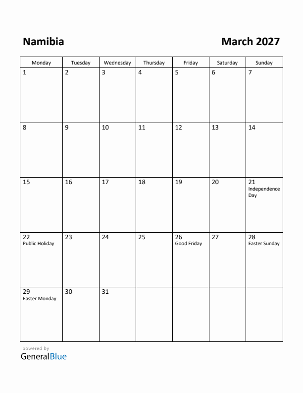 March 2027 Calendar with Namibia Holidays