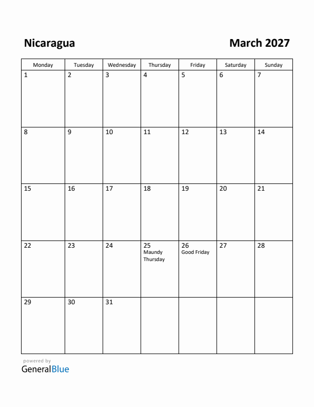 March 2027 Calendar with Nicaragua Holidays