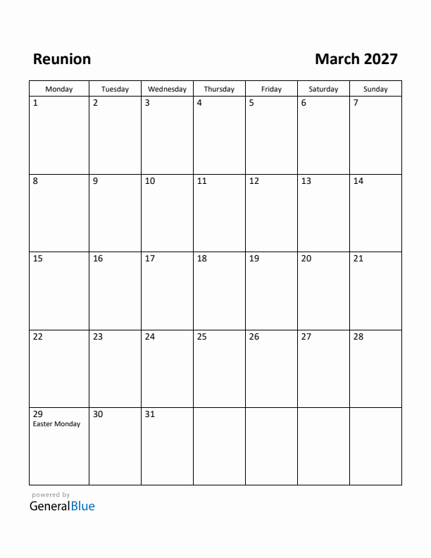 March 2027 Calendar with Reunion Holidays