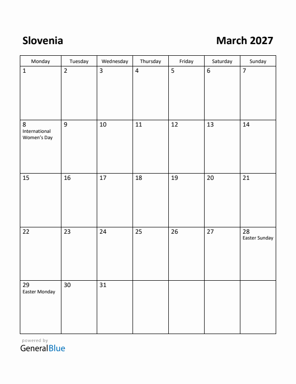 March 2027 Calendar with Slovenia Holidays