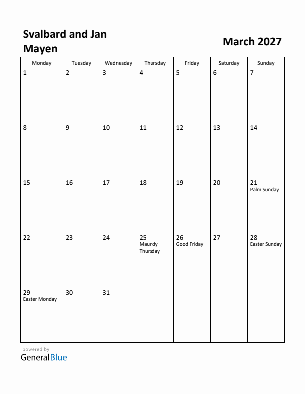 March 2027 Calendar with Svalbard and Jan Mayen Holidays