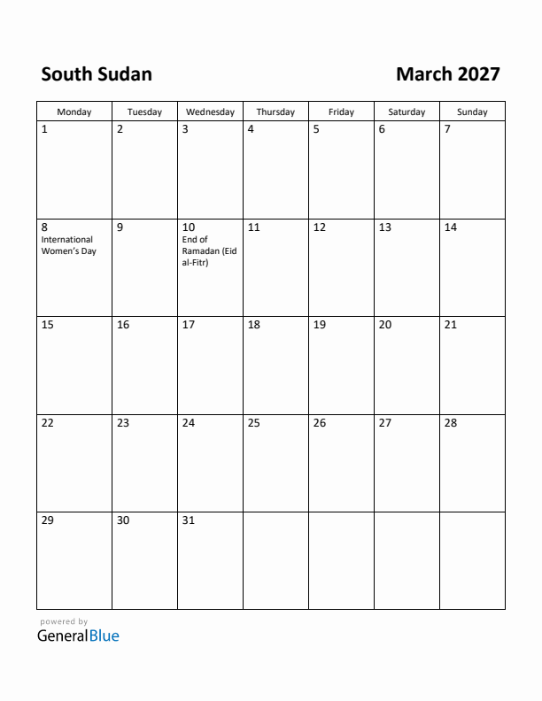 March 2027 Calendar with South Sudan Holidays