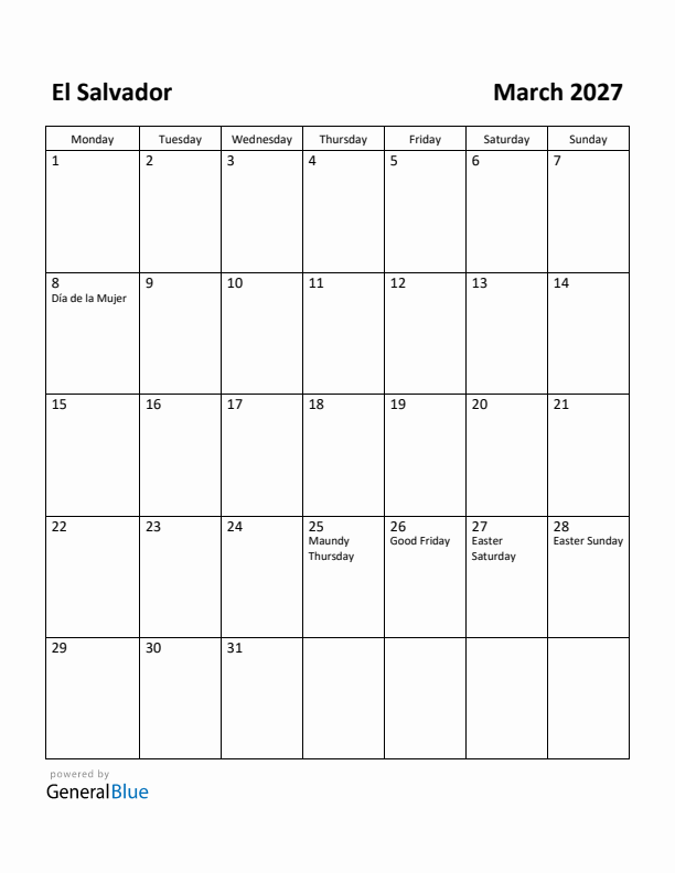 March 2027 Calendar with El Salvador Holidays