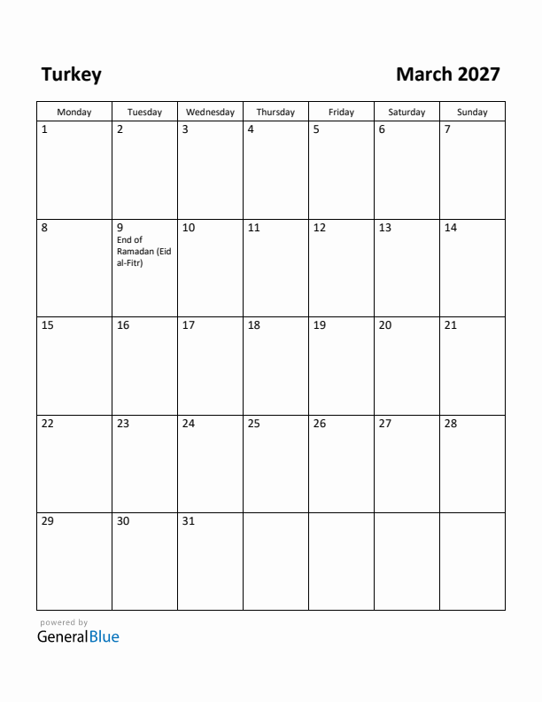 March 2027 Calendar with Turkey Holidays