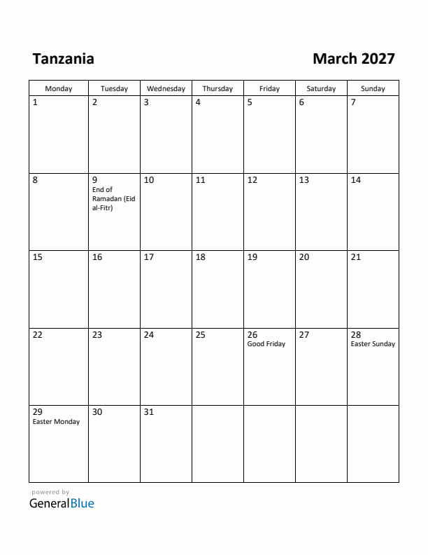 March 2027 Calendar with Tanzania Holidays