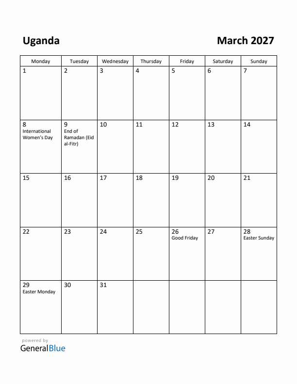 March 2027 Calendar with Uganda Holidays