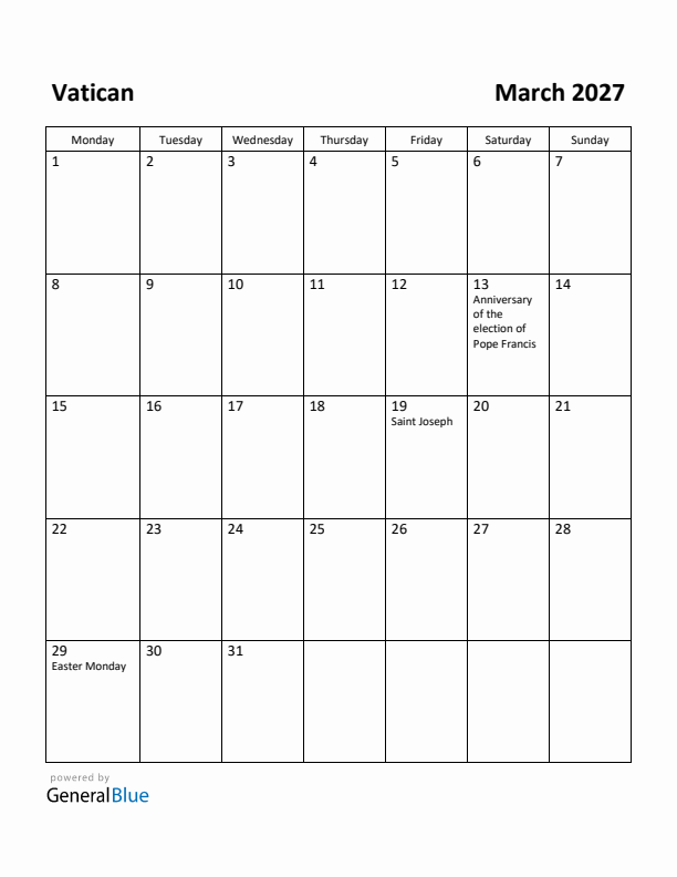 March 2027 Calendar with Vatican Holidays