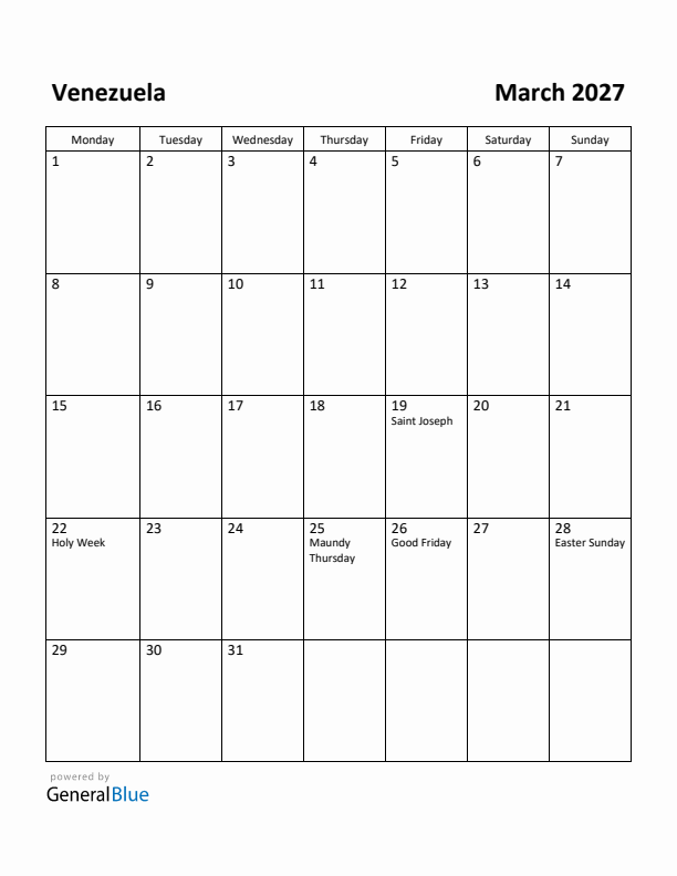 March 2027 Calendar with Venezuela Holidays