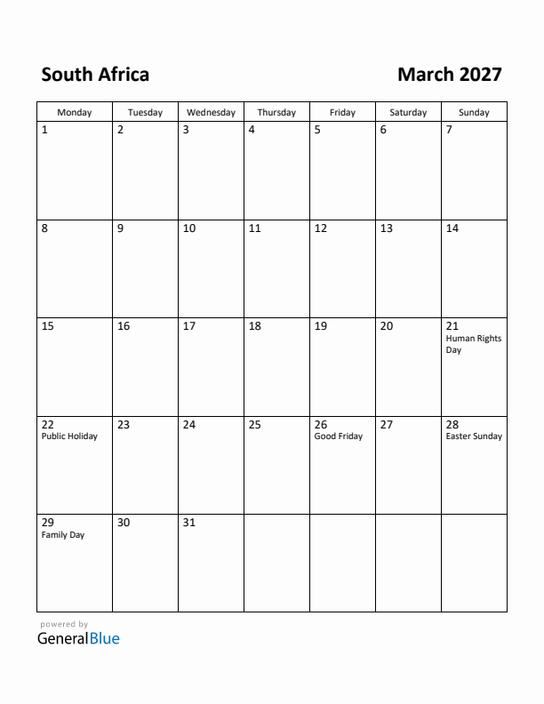 March 2027 Calendar with South Africa Holidays