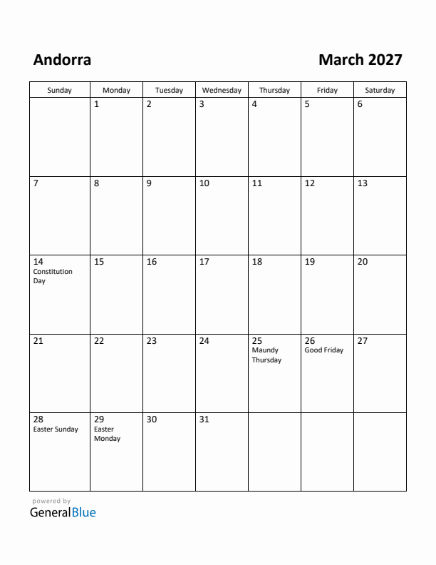 March 2027 Calendar with Andorra Holidays