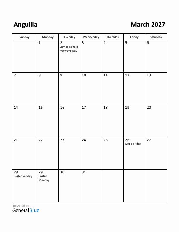 March 2027 Calendar with Anguilla Holidays