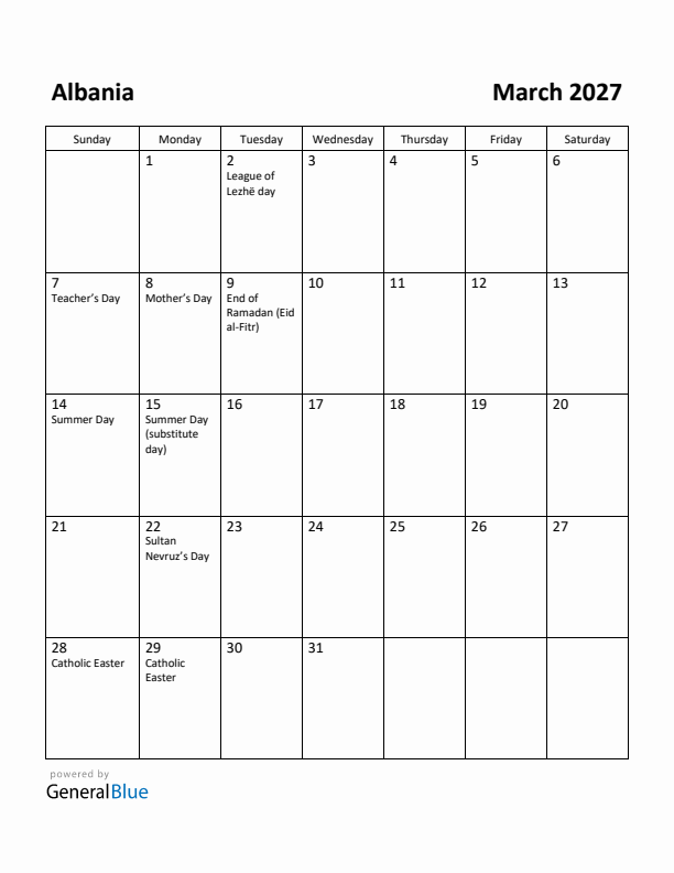 March 2027 Calendar with Albania Holidays