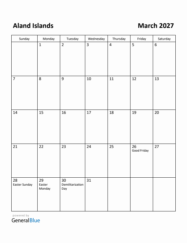 March 2027 Calendar with Aland Islands Holidays