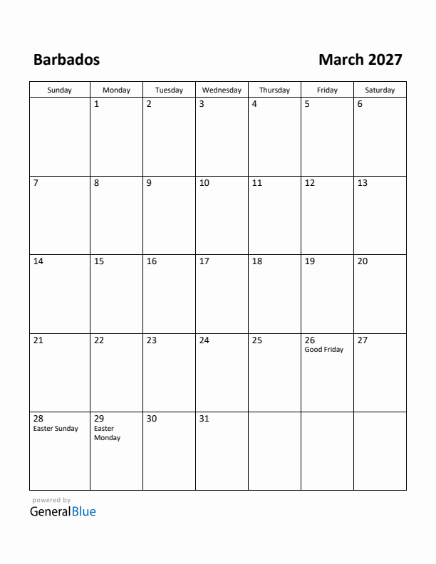 March 2027 Calendar with Barbados Holidays