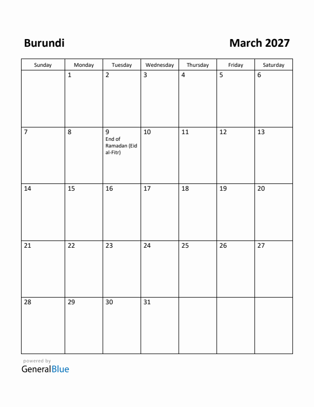 March 2027 Calendar with Burundi Holidays