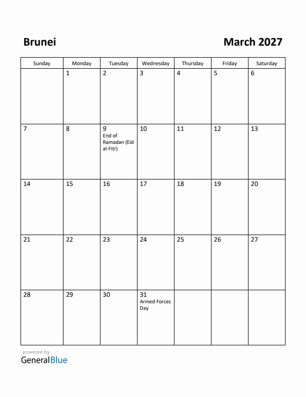 March 2027 Calendar with Brunei Holidays