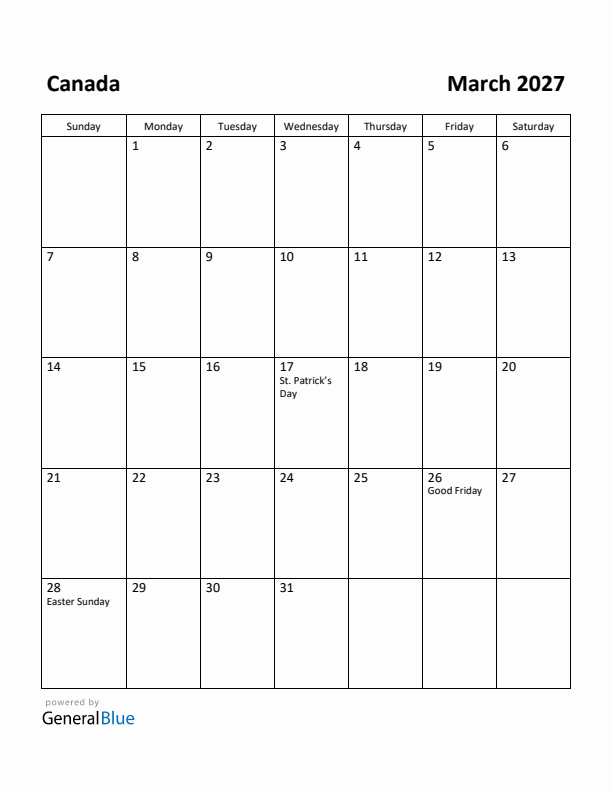 March 2027 Calendar with Canada Holidays