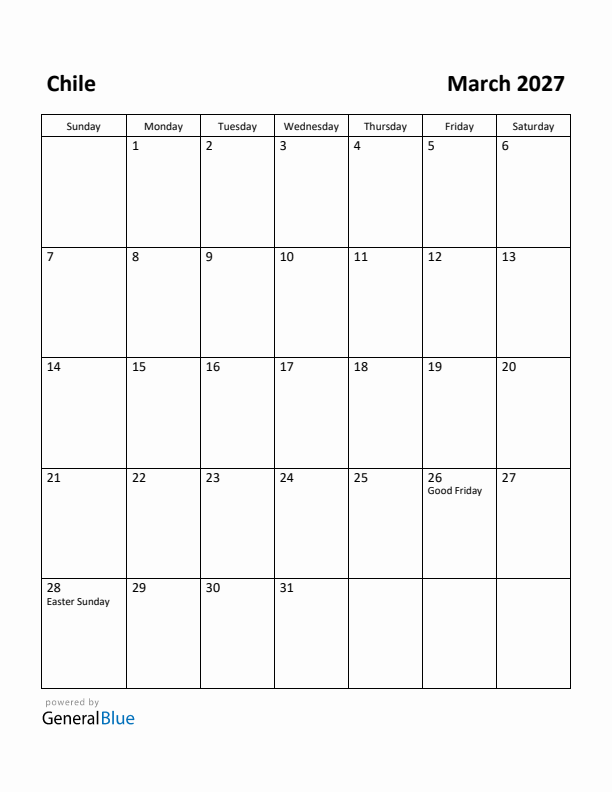 March 2027 Calendar with Chile Holidays