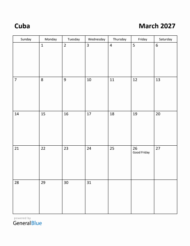 March 2027 Calendar with Cuba Holidays