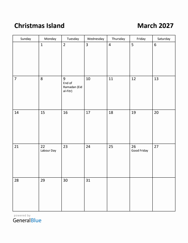 March 2027 Calendar with Christmas Island Holidays