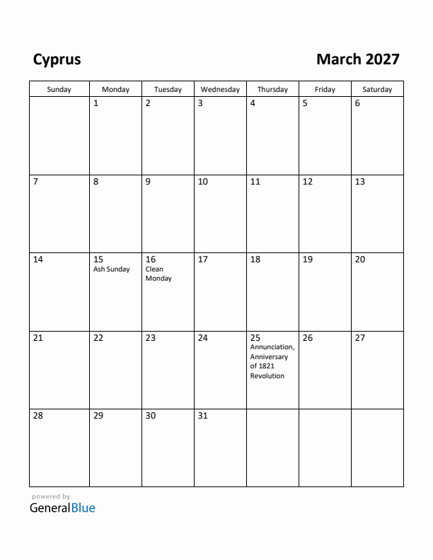 March 2027 Calendar with Cyprus Holidays