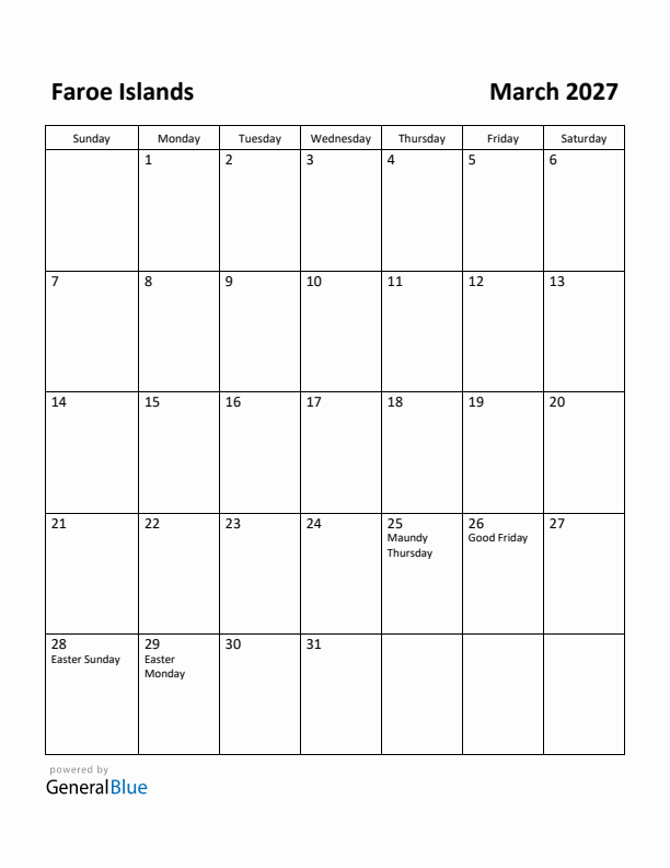 March 2027 Calendar with Faroe Islands Holidays