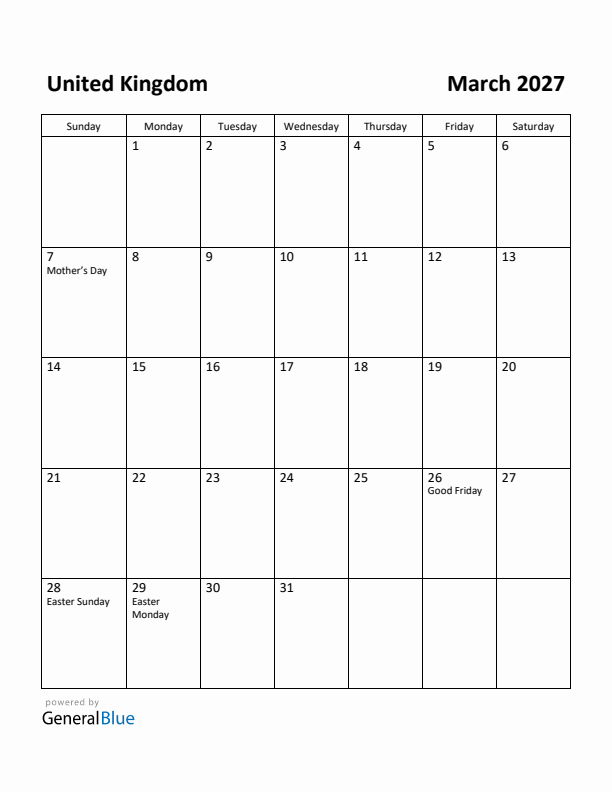 March 2027 Calendar with United Kingdom Holidays