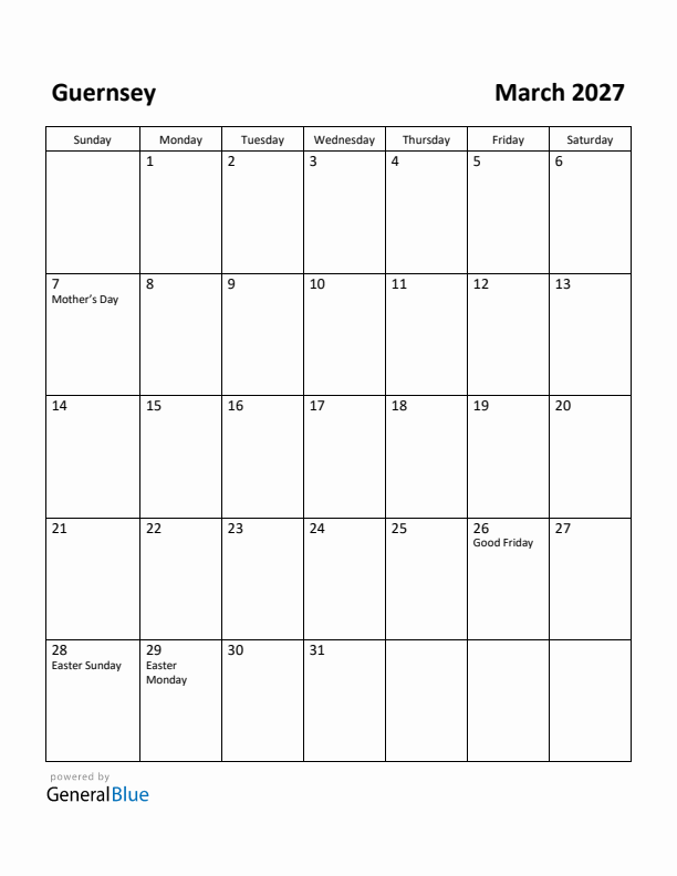 March 2027 Calendar with Guernsey Holidays