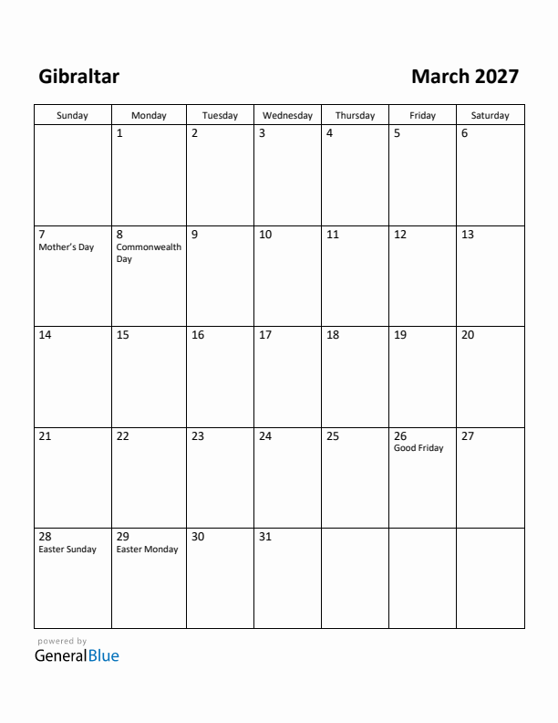 March 2027 Calendar with Gibraltar Holidays