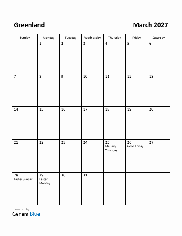 March 2027 Calendar with Greenland Holidays