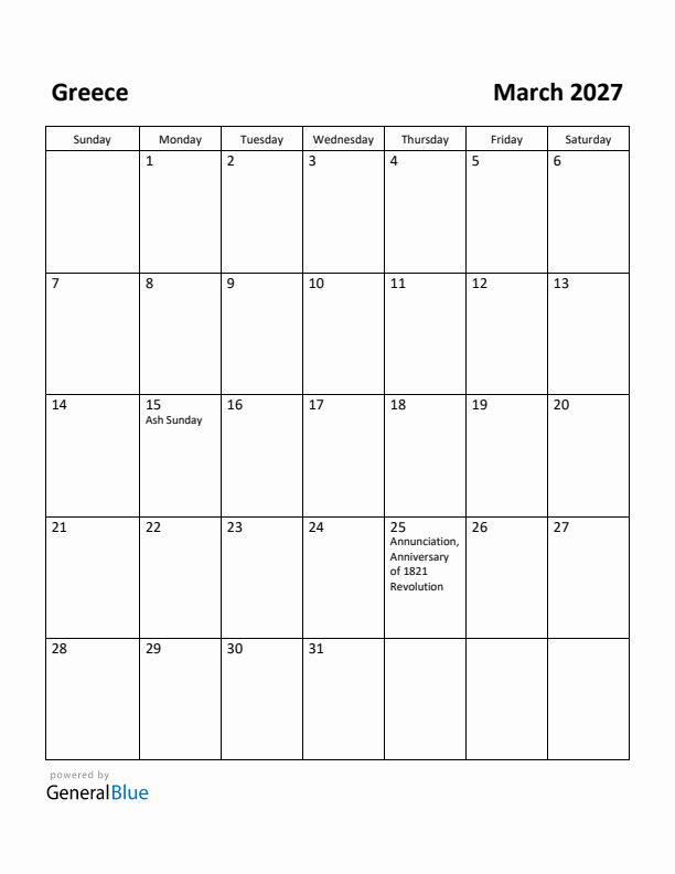 March 2027 Calendar with Greece Holidays