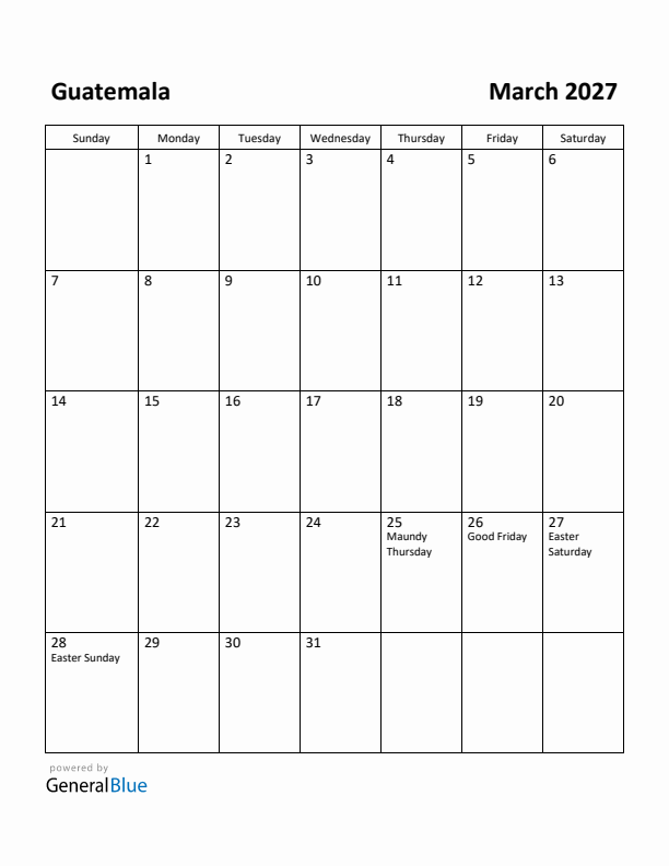 March 2027 Calendar with Guatemala Holidays