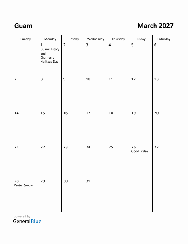 March 2027 Calendar with Guam Holidays