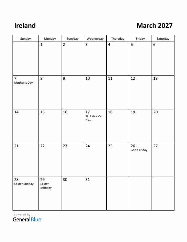 March 2027 Calendar with Ireland Holidays