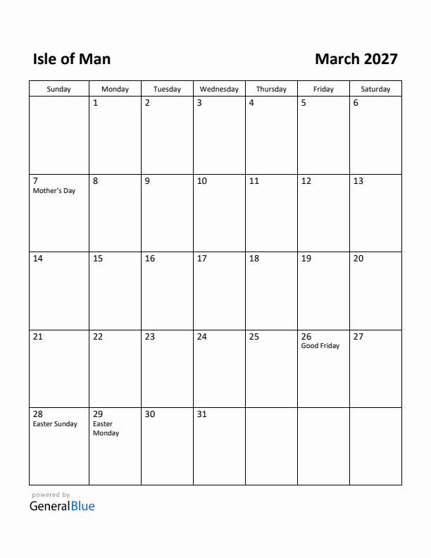 March 2027 Calendar with Isle of Man Holidays