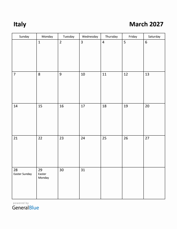 March 2027 Calendar with Italy Holidays