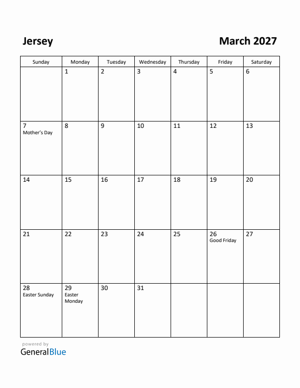 March 2027 Calendar with Jersey Holidays