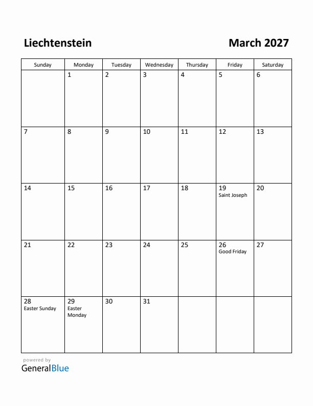 March 2027 Calendar with Liechtenstein Holidays