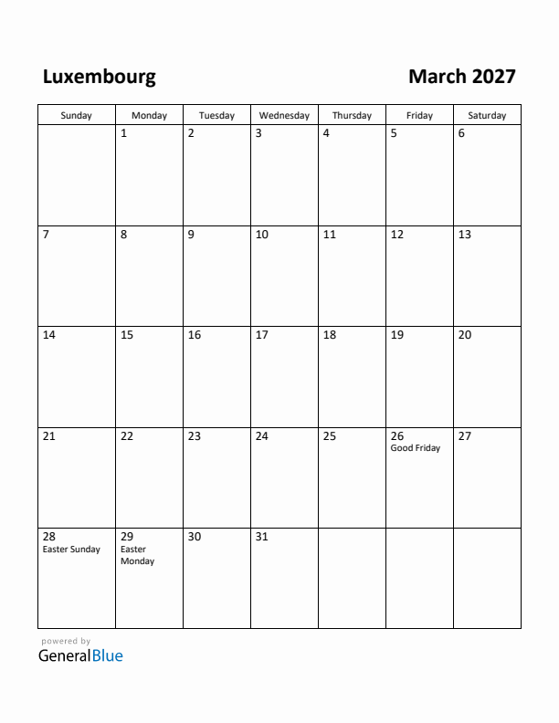 March 2027 Calendar with Luxembourg Holidays