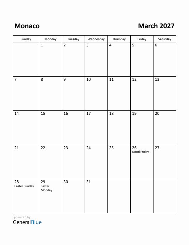 March 2027 Calendar with Monaco Holidays