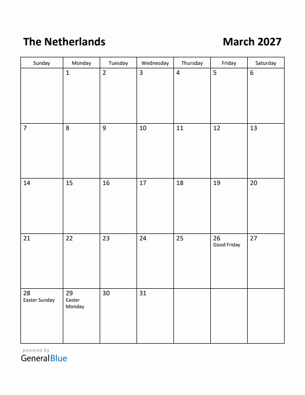 March 2027 Calendar with The Netherlands Holidays